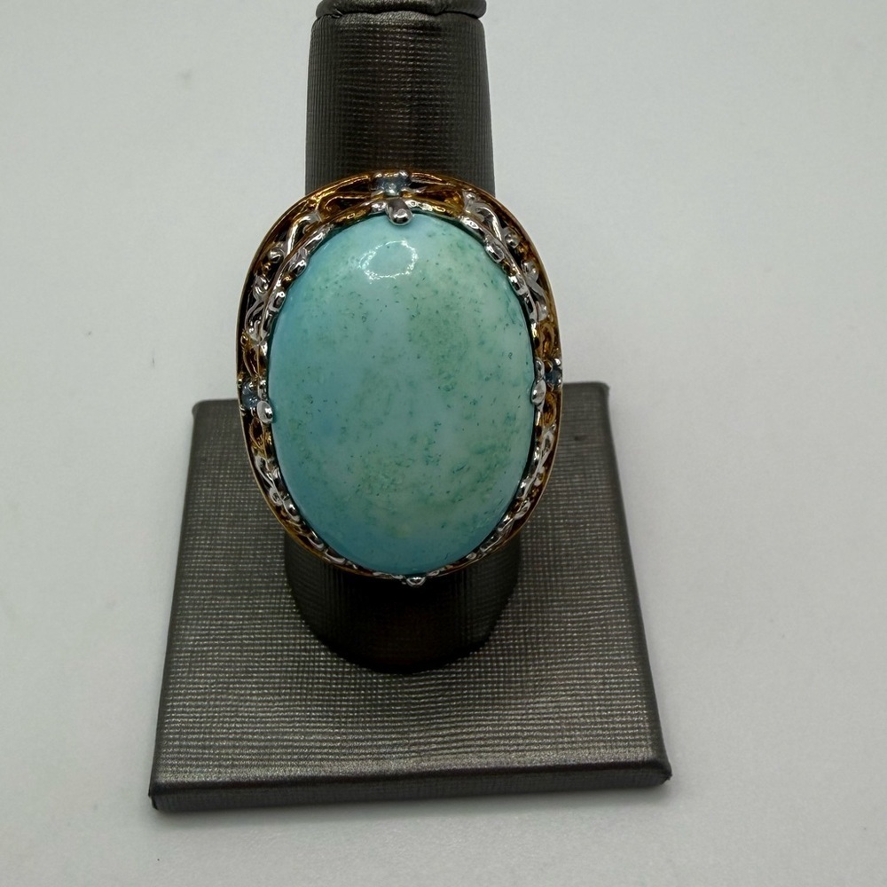 Gems en Vogue Turquoise Cabochon Ring 925 Sterling 18K Accents Size 7.5
